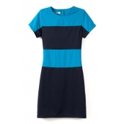 Short Sleeve Blue&Dark Blue Panel Geometry Style Slim Dress