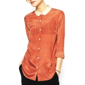 Orange Polka Dot Contrast Collar Long Sleeve Shirt