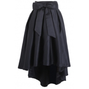 Bowknot High Waist Plain Pleated Skirt with Dip Hem