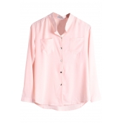 Pink Double Pockets Front Chiffon Shirt