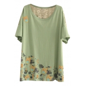 Embroidered Owl Round Neck Short Sleeve Loose Tee