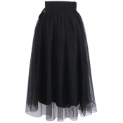 Plain Mesh Inserted Elastic Waist Midi Skirt