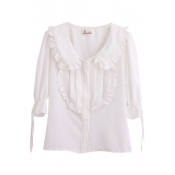 Ruffled Trim Ruched Detail 1/2 Sleeve Cute Style White Shirt