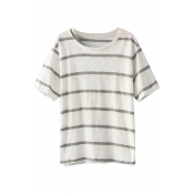 Round Neck Short Sleeve Striped Loose Tee