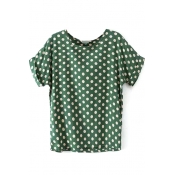 Roll Cuff Short Sleeve Round Neck Polka Dot Green T-Shirt