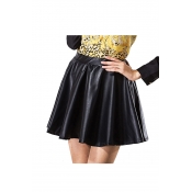 Black Ruffle Hem Elastic Waist PU Skirt