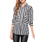 Mono Striped Pocket Long Sleeve Chiffon Shirt