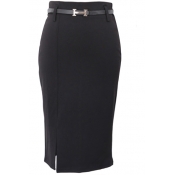 Plain Belted Midi Pencil Skirt with Side Split