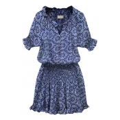 Blue Print Short Sleeve Gathered Waist Dress