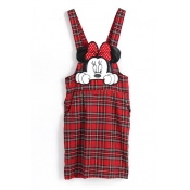 Embroidered Cartoon Pattern Plaid Midi Dress with Shoulder-Straps