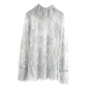 Gray Delicate Lace Embroidered Illusion Style High Collar Blouse