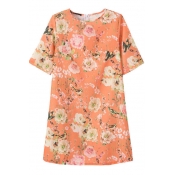 Short Sleeve Orange Background Pink Flower Print Elegant Style Slim Dress