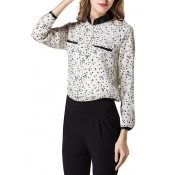 White Long Star Print Stand Collar Black Trim Shirt