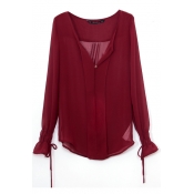 Red V-Neck Long Sleeve Blouse with Drawstring Cuff