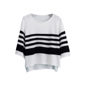 High-Low Hem Stripe Navy Style 3/4 Sleeve Sweater