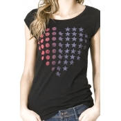 Black Cap Sleeve Stars Polka Dot Print T-Shirt