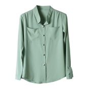 Green Double Pockets Front Chiffon Shirt