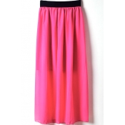 Rose Red Elastic Waist Chiffon Maxi Skirt