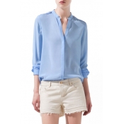Blue V-Neck Chiffon Concise Shirt
