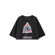 Triangle Colorful Eye Letter Print Short Sleeve Crop Tee