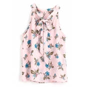 Floral Print Bow Knot Sleeveless Chiffon Top with Back Split