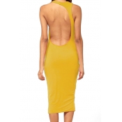 Sexy Plain Sleeveless Backless Fitted Pencil Dress