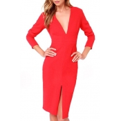 Red V-Neck Long Sleeve Split Mid Dress