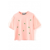 Embroidered Cactus Pattern Round Neck Short Sleeve Tee