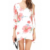 Floral Print V Neck Long Sleeve Dress with 3/4 Sleeve