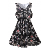 Elegant Black Flower Print Chiffon Elastic Waist Tanks Dress