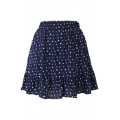 Dark Blue Background All Over Dot Elastic Waist Short Skirt