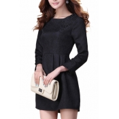 Long Sleeve 3D Embroidered Jacquard Style Pleated Dress