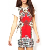 White Background Red Vintage Flower Print Ethnic Style Short Sleeve Dress