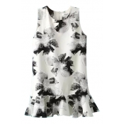 White Background Black Ink Color Flower Ruffle Hem Tanks Dress