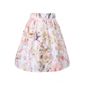 White Background Checker&Rose Print Organza Pleated Skirt