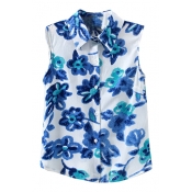 White Background Blue Ink Color Flora Sleeveless Chiffon Shirt