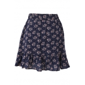 Dark Blue Background Vintage Flora Elastic Waist Short Skirt