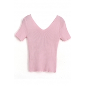 Pink V-Neck Short Sleeve Crop Slim Knitting Top