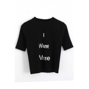 Black Short Sleeve Letters Embroidered Crop Knitting Top