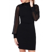 High Collar Black Office Lady Style Sheer Sleeve Sheath Dress