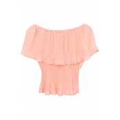 Pink Ruffle Layer Off-the-Shoulder Elastic Waist Chiffon Blouse