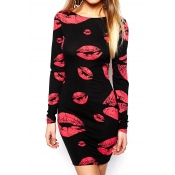 Red Lip Print Backless Bodycon Dress with Long Sleeve