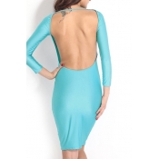 Light Blue Backless 3/4 Length Sleeve Bodycon Dress