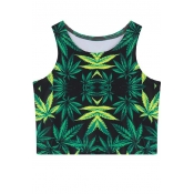 Coconut Tree Print Round Neck Fitted Crop Tanks