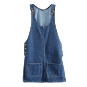 Blue Sweet Buttoned Double Pockets Loose Denim Overall Dress