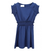 Dark Blue Sleeveless Scalloped Cuff A-line Mini Dress