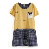 Short Sleeve Crocheted Pocket Dot&Bow Print Dress