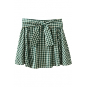 Green Gingham Bow Tie Waist Comfort A-line Skirt