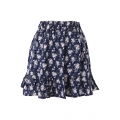 Royal Blue Background Fresh Flora Elastic Waist Rural Style Short Skirt