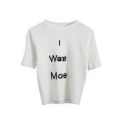 White Short Sleeve Letters Embroidered Crop Knitting Top